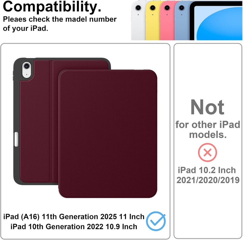 Supveco Case for iPad (A16) 11th Generation 11 inch (2025),iPad 10th Generation 10.9 inch (2022) with Pencil Holder-[Auto Wake/Sleep],Premium Folio Stand Case with Soft TPU Back Cover-Pure Wine - Image 2